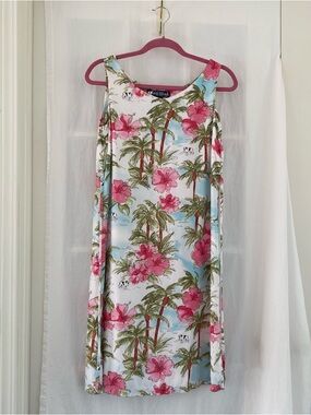 Big Dogs White Shift Dress with Pink Floral & Green Palms